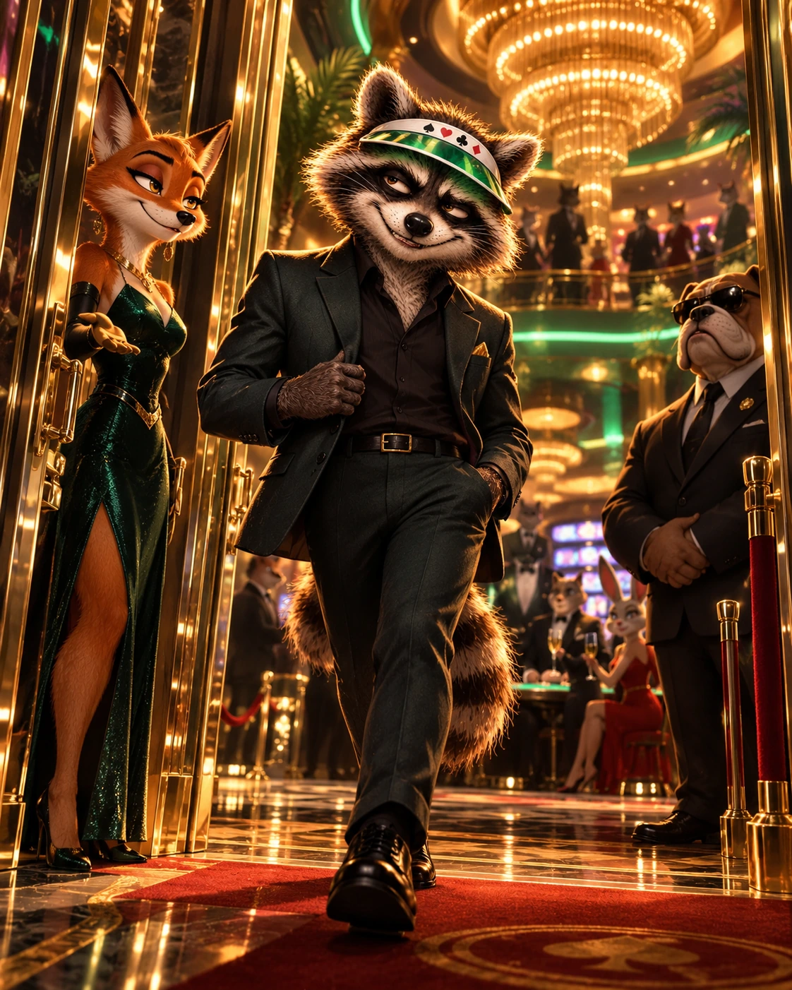 Gamba Raccoon making a dramatic high-roller entrance into a luxury casino lobby with a fox hostess and bulldog bouncer